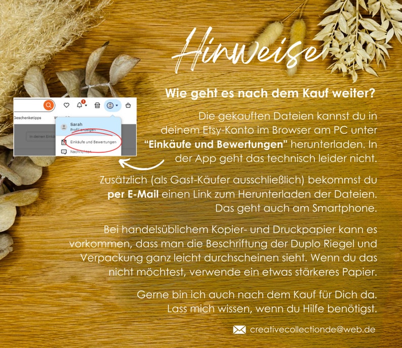 May include: A screenshot of a computer screen showing instructions on how to download digital files purchased on Etsy. The text reads "How to download your purchase" and "The purchased files can be downloaded from your Etsy account in the browser on your computer under "Purchases and Reviews"."
