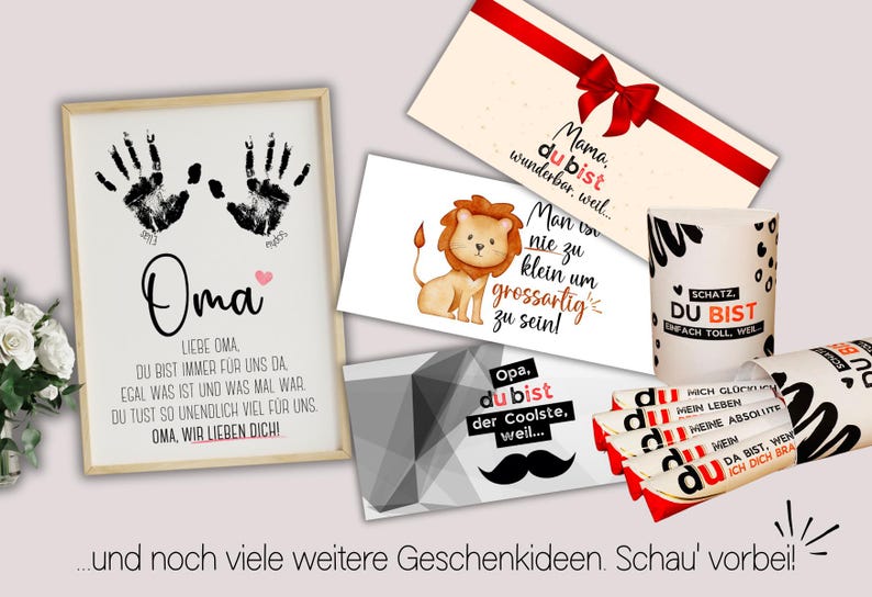 May include: A collection of gift items, including a framed print with handprints and text, cards with illustrations and messages, and a cylindrical container. The items feature German text and are suitable for various occasions.