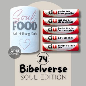 May include: A white cylindrical object with the words "Soul Food" and "Trost Hoffnung Starke" in black and pink lettering. Next to it are five red and white bars with German text. The number 74 and the words "Bibelverse SOUL EDITION" are also visible.