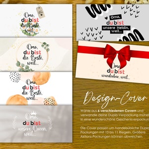 May include: Six different printable designs for gift wrapping Duplo building blocks. The designs feature a variety of colors and patterns, including watercolor, polka dots, and a red bow. The text on the designs says "Oma, du bist..." which translates to "Grandma, you are..." in English. The text is followed by a reason why the person is loved, such as "the best", "our queen", or "our hero".