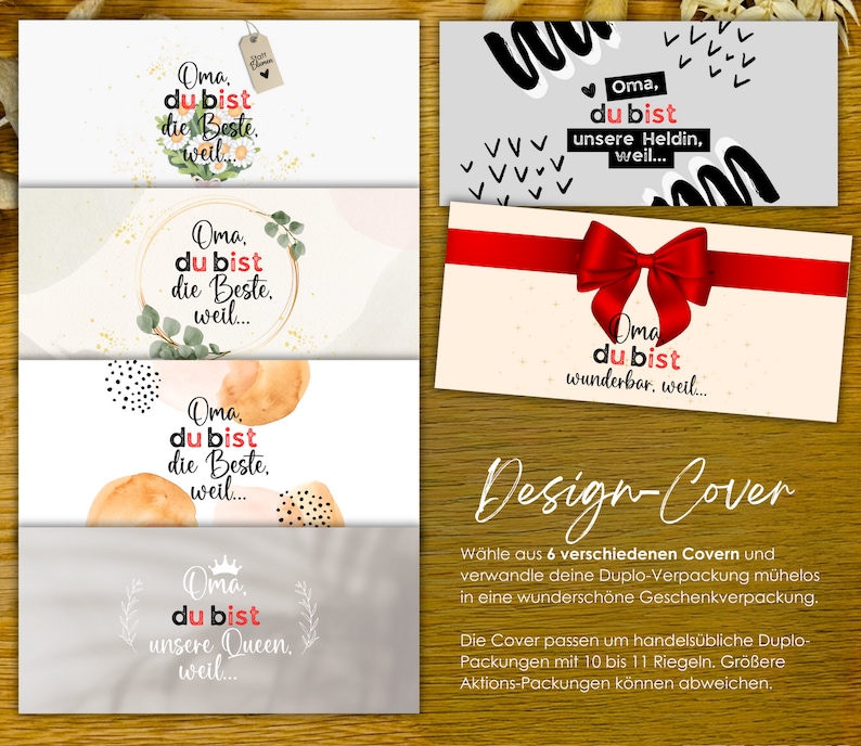May include: Six different printable designs for gift wrapping Duplo building blocks. The designs feature a variety of colors and patterns, including watercolor, polka dots, and a red bow. The text on the designs says "Oma, du bist..." which translates to "Grandma, you are..." in English. The text is followed by a reason why the person is loved, such as "the best", "our queen", or "our hero".