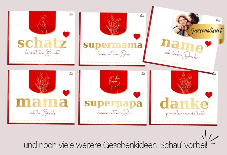 May include: A collection of greeting cards with gold lettering and red accents. The cards feature phrases like "schatz", "supermama", "mama", "superpapa", and "danke". One card includes a photo and the word "name".