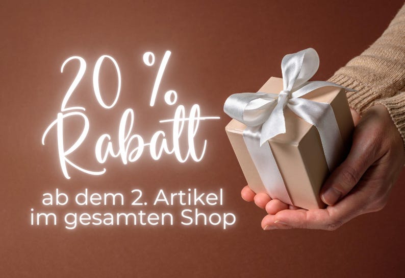 May include: A beige gift box with a white satin ribbon and bow is held in a person's hand. The image has text that reads "20% off" in a cursive font. The background is a solid brown color.