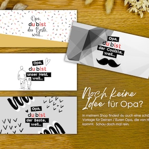 May include: Four printable cards with different designs and text. Each card features a black and white illustration and the text "Opa, du bist..." followed by a reason why the person is great. The text "Noch keine Idee f&uuml;r Opa?" is written in black on a yellow background. The text below reads "In meinem Shop findest du auch eine sch&ouml;ne Vorlage f&uuml;r Deinen / Euren Opa, die von Herzen kommt. Schau doch mal rein."