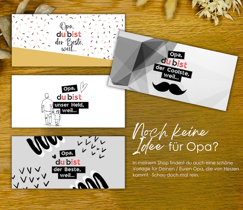 May include: Four printable cards with different designs and text. Each card features a black and white illustration and the text "Opa, du bist..." followed by a reason why the person is great. The text "Noch keine Idee f&uuml;r Opa?" is written in black on a yellow background. The text below reads "In meinem Shop findest du auch eine sch&ouml;ne Vorlage f&uuml;r Deinen / Euren Opa, die von Herzen kommt. Schau doch mal rein."