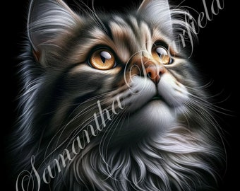 AI digital download of a Norwegian Forest cat with a look of heightened hope and longing in its eyes#85