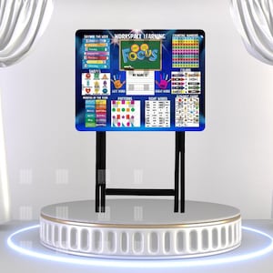 May include: A blue and black educational learning board with various charts and diagrams. The board includes sections for days of the week, shapes, months of the year, patterns, sight words, and an alphabet chart. The board is supported by a black metal stand.