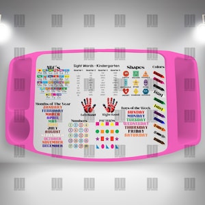 May include: A pink lap desk with educational content for children. The desk features the alphabet, sight words, shapes, colors, months of the year, days of the week, numbers, and patterns. The desk has two cup holders.
