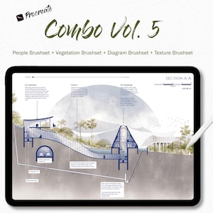 May include: A digital illustration on a tablet, showcasing a cross-section of a landscape with architectural elements. The image includes text: "Combo Vol. 5" and "People Brushset + Vegetation Brushset + Diagram Brushset + Texture Brushset."