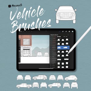 May include: A digital illustration of a vehicle brush set for the Procreate app. The image shows a variety of car and truck silhouettes in black and white, including a pickup truck, a sedan, and a sports car. The brush set is displayed in the Procreate app's brush library.