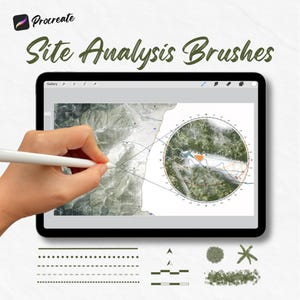 May include: A digital tablet displaying a site analysis map with a stylus. The screen shows a detailed map with a circular diagram and a hand using the stylus. Text at the top reads "Procreate" and "Site Analysis Brushes". Below are various brush stroke samples.