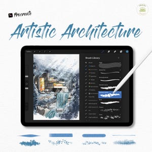 May include: A black tablet displays an architectural illustration with a waterfall and a building. The screen shows the Procreate app with the text "Artistic Architecture." A white stylus hovers over the screen. Below are blue brushstroke samples.