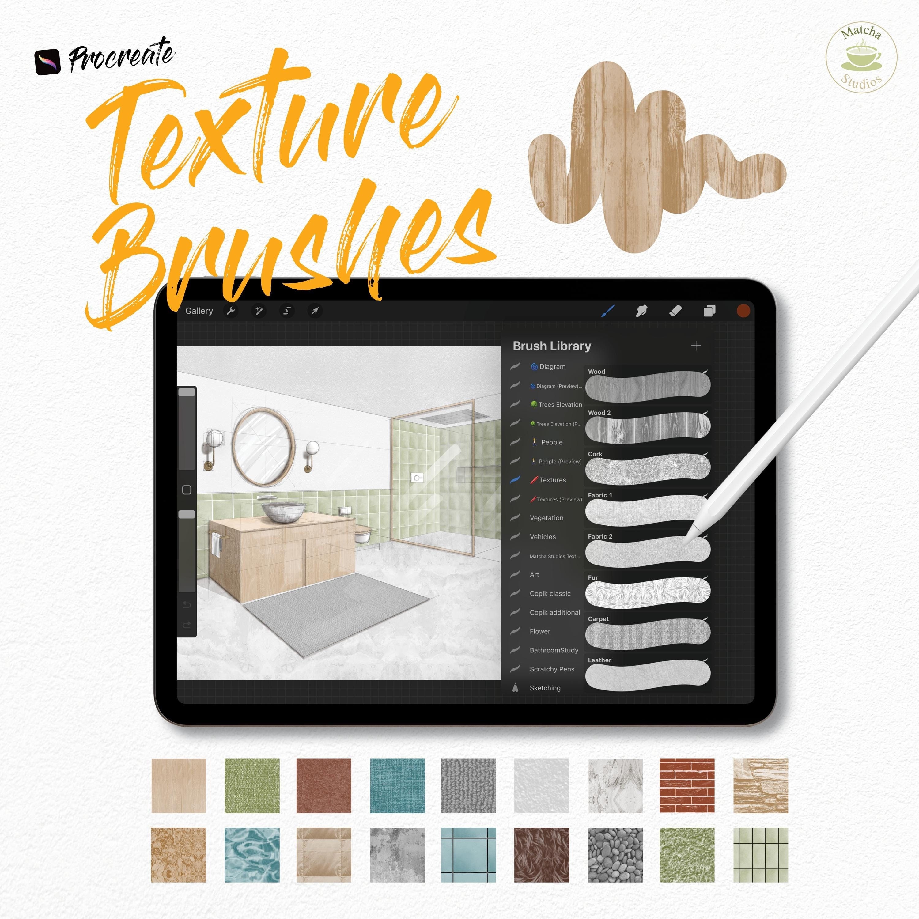 Set de pinceles de textura para Procreate para arquitectos y diseñadores — madera, piedra, tela y tramados (descarga digital)