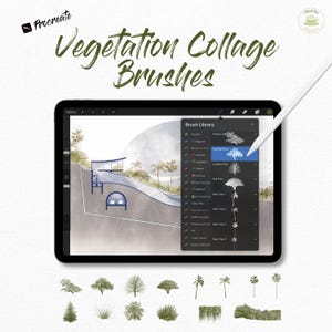 May include: An iPad displaying a digital art program with a brush library. The screen shows a landscape drawing with trees and a building. The text "Vegetation Collage Brushes" is written in green script above the iPad.