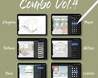 Combo de arquitectura Procreate Volumen 4: pinceles de personas, árboles, texturas, tramas, diagramas y vehículos; ¡x6 conjuntos de pinceles Procreate! Descarga digital