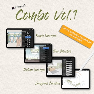 May include: A digital illustration of four iPad screens showcasing different brush sets for Procreate. The screens show a variety of brushes for drawing people, trees, textures, and diagrams. The text "Combo Vol. 1" is at the top of the image. The text "The only architecture brushes you will ever need!" is in a yellow box.