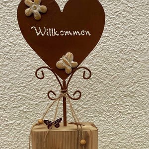 Wooden pillar, front door, entrance, decoration, garden, welcome, door, heart, wood, metal, rust, beam, flamed, pillar, vintage, gift, nature