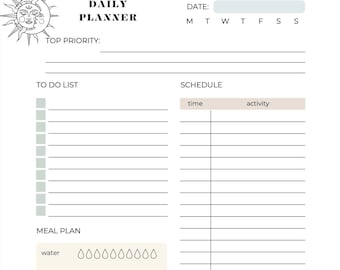 Op de afbeelding: Een printbare dagelijkse planner met secties voor een to-dolijst, schema, maaltijdplan, zelfzorg en notities. De planner heeft een eenvoudig ontwerp met een zon-en-maan-afbeelding bovenaan.