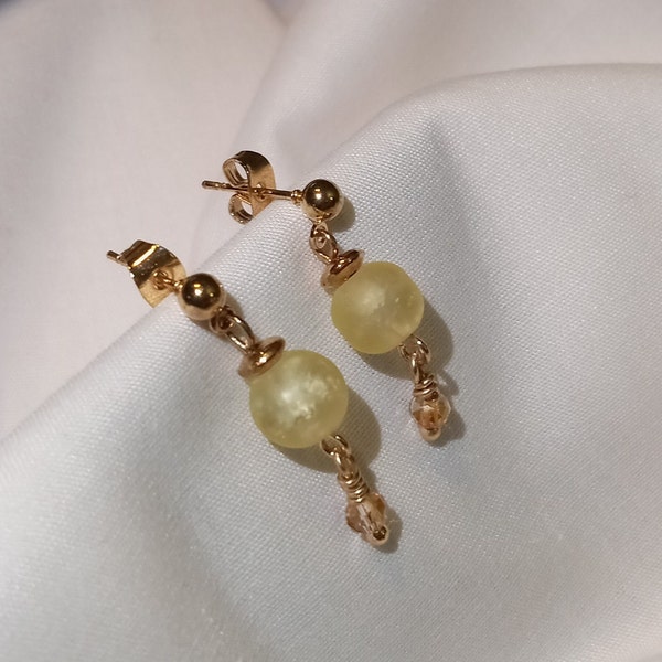 The Boho Collection- Petite and Dainty Dangle Earrings. Pale Yellow Glass Beads with tiny Champagne Crystals,