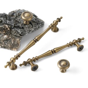 Solid Brass Cabinet T Bar Pulls and Knobs, Brushed Antique Brass Finish (4-6 inch)