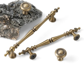Solid Brass Cabinet T Bar Pulls and Knobs, Brushed Antique Brass Finish (4-6 inch)