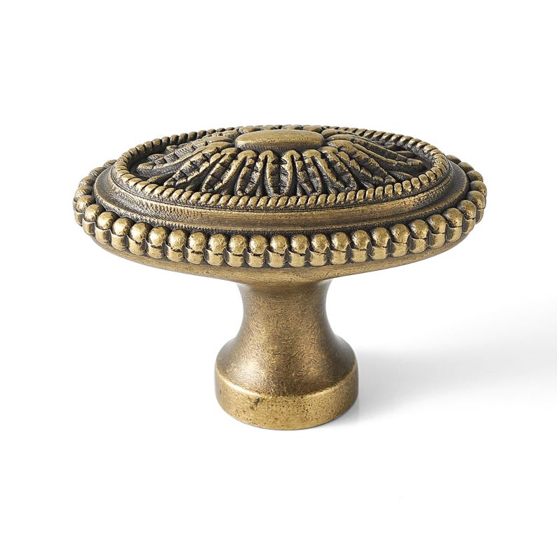 Brushed Antique Brass Cabinet Pull, Oval & Round Drawer Knob, Solid Brass Hardware Handle Oval Knob