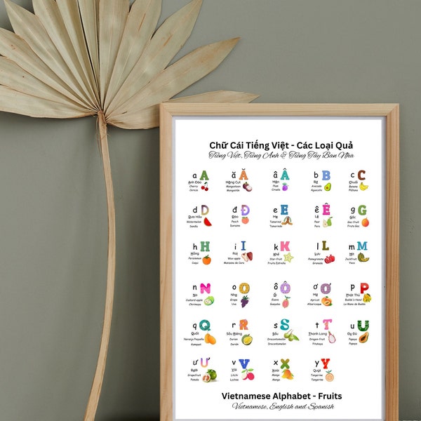 TRILINGUAL Viet Alphabet poster (29 tropical fruits in Vietnamese+English+Spanish) Bảng chữ cái với 29 loại quả nhiệt đới *DIGITAL DOWNLOAD*