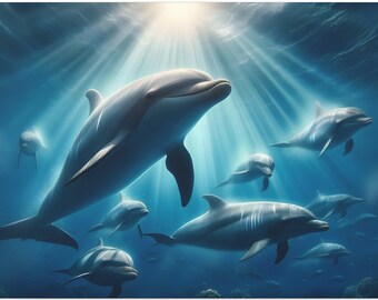 A family of dolphins happily swimming along the current print, canvas art print, wall hanging print, digital art canvas print