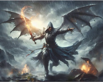 Fire Winged Swordsman Canvas Wall Art, Rain Landscape, Home Decor, Unique Gift Idea