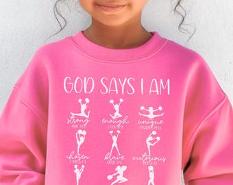 Youth Girls Cheerleader Bible Verse Sweatshirt, School Christian Cheer Apparel, Religious Crewneck, Cheerleader Clothing, Cheer for Jesus