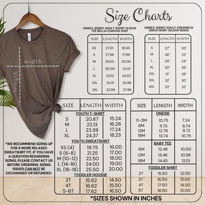 May include: A size chart for various apparel items, including t-shirts, sweatshirts, onesies, and baby tees. Measurements are provided in inches for length and width, with sizes ranging from XS to 4XL. The chart is displayed on a white background.