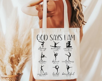 Gymnastics Tote Bag, God Says I Am, Gymnast Gifts, Cute Gymnastics Bag, Personalized Tote Bag, Gymnastics Birthday Gift, Girls Gymnast Bag