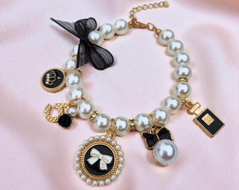 Pearl Pet Collar with Black Charms – Luxury Dog & Cat Necklace, Elegant Pet Jewelry