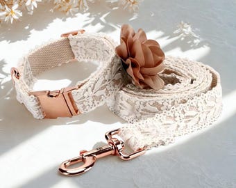 Wedding Dog Collar & Leash Set with Rose Gold Flower, Bridal Dog Outfit, Flower Girl Dog Accessory, Dog of Honor Outfit
