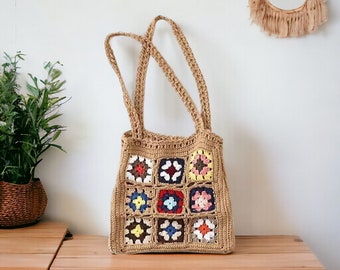 Handmade Crochet Bag, Grandma Square Tote Bag, Modern Shoulder Bag, Vintage Floral Style for School, Picnic, Brunch, Gift for Her