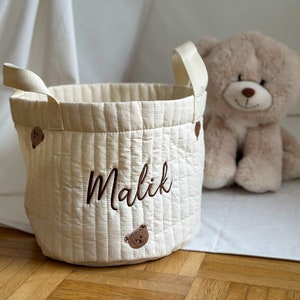 Personalisierter Stoffkorb mit Bestickung | Korb mit besticktem Namen und Teddybär-Muster | Spielzeugtasche | Windeltasche mit Namen