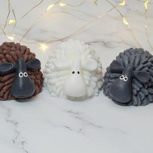 May include: Five small sheep-shaped decorations, each with a different colored wool. The sheep are made of a soft, fluffy material and have black eyes and noses. The sheep are arranged in a row on a white surface.