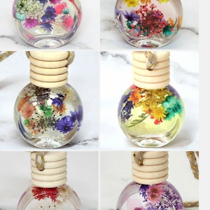 May include: Six clear, spherical glass bottles filled with colourful dried flowers. Each bottle has a wooden cap and a twine loop. The bottles are arranged in two rows of three, showcasing a variety of floral arrangements.