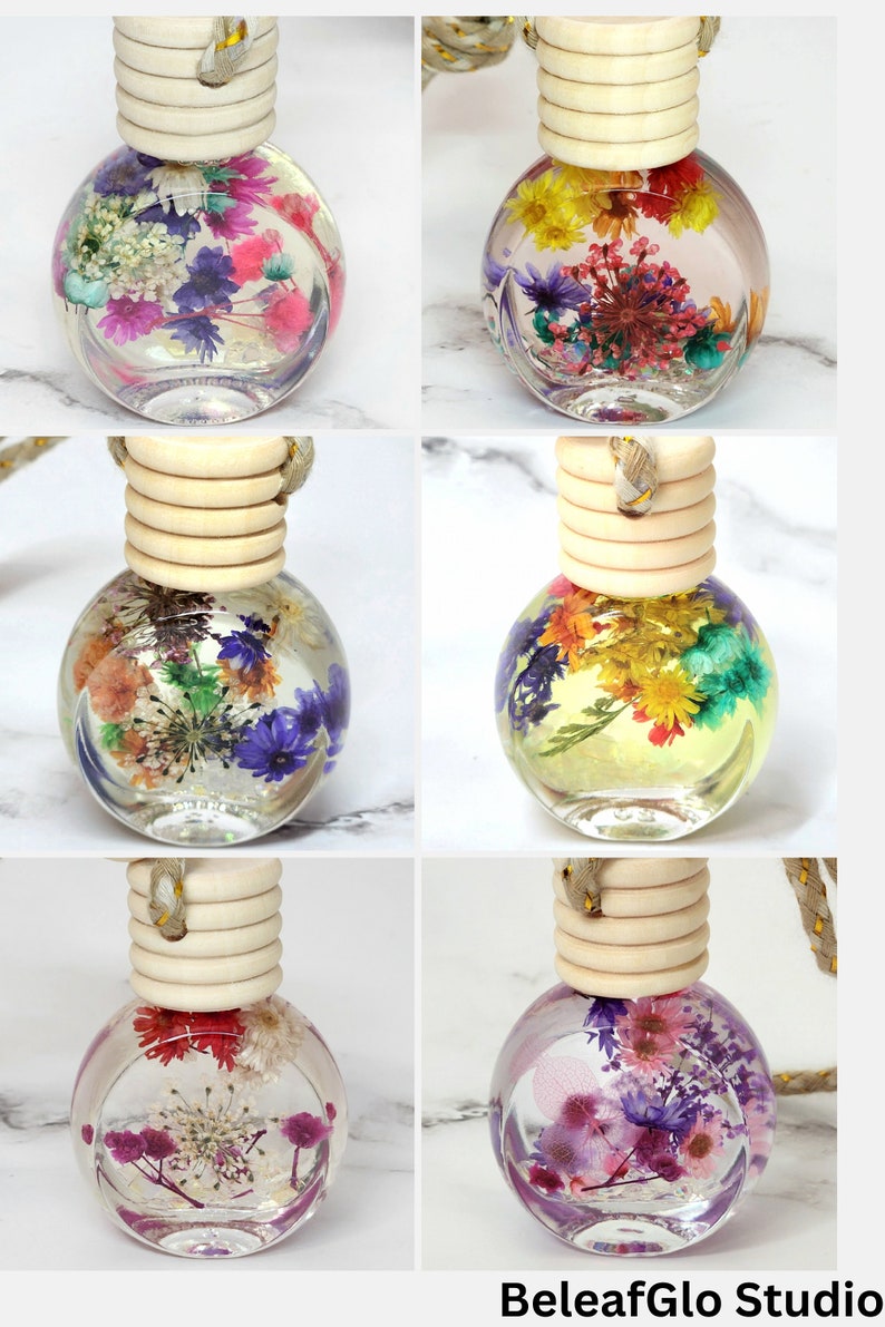May include: Six clear, spherical glass bottles filled with colourful dried flowers. Each bottle has a wooden cap and a twine loop. The bottles are arranged in two rows of three, showcasing a variety of floral arrangements.