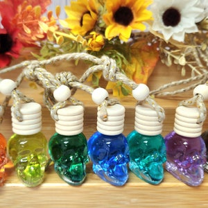 May include: Eight colorful skull-shaped glass bottles with wooden stoppers and string hangers. The bottles are filled with different colored liquids and are arranged in a row on a wooden surface.