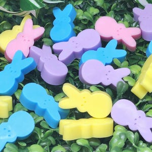 May include: A collection of pastel-colored bunny-shaped soaps. The soaps are in shades of blue, yellow, pink, and purple.