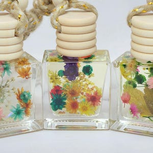 May include: Three clear, square glass bottles filled with colourful dried flowers. Each bottle has a light wood cap and a braided rope for hanging. The flowers include pink, yellow, and blue blooms.