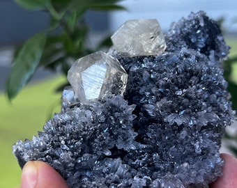 UV Reactive Diamond Calcite on a Stark Black Matrix With flower Quartz