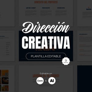 May include: A digital presentation template with the words "Dirección Creativa" in white script over a dark blue background. The template includes 9 pages and is editable on Canva and AI.