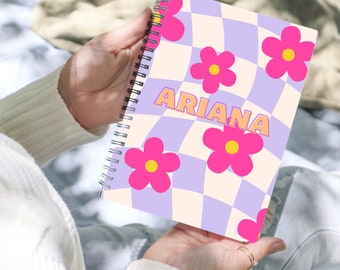 Personalized spiral notebook retro flower checkered pattern flower notebook retro flower checkered spiral notebook retro daisy flower pad