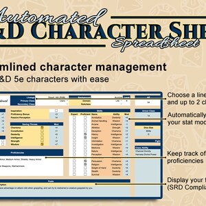 May include: A blue and white character sheet for Dungeons and Dragons (D&D) 5th edition. The sheet is titled "Automated D&D Character Sheet Spreadsheet". The sheet includes sections for ability scores, saving throws, proficiencies, skills, and feats. The sheet is designed to help players create and manage their characters.