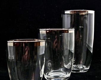 1960s Federal Glass Co. "Danish Modern" Platinum Rim Glass Sets | Vintage Minimalist Tumblers in Three Sizes