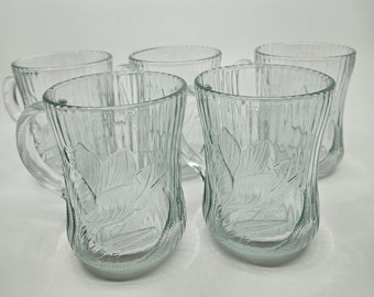 Blue-Tinted French Glass Mugs - set of 5 Pressed Glassed Canterbury Crocus Mugs by Arcoroc