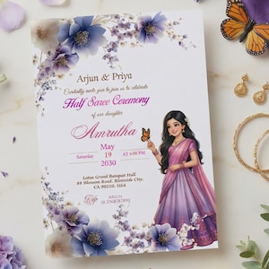 Puede incluir: Una invitación de boda con detalles florales y mariposas. La invitación presenta una ilustración de dibujos animados de una mujer con un vestido morado. La invitación está rodeada de flores, joyas y tela.