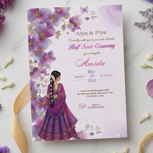 May include: A wedding invitation with a floral and watercolour design. The invitation features the names Arjun & Priya, and the name Amrita. The invitation is surrounded by purple roses, lavender, and gold ribbon.